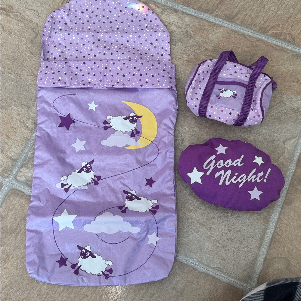 American girl 18 inch Doll size Purple Sleeping Bag, Pillow & Overnight Bag Set